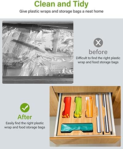 Ziplock Bag Storage Organizer Bamboo - 6 in 1 Wrap Dispenser with Cutter, Suitable for Gallon, Quart, Sandwich & Snack Bag, Cling Film, Aluminum Foil etc; Compatible with 12" Kitchen Rolls