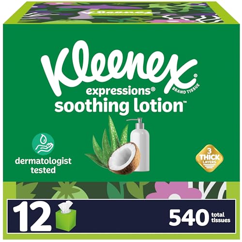 Image of Kleenex Expressions Soothing Lotion Facial Tissues with Coconut Oil, 12 Cube Boxes, 45 Tissues per Box, 3-Ply, Packaging May Vary