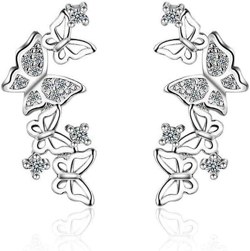 Butterfly Sterling Silver CZ Cuff Wrap Studs Earrings for Women Girls Pierced Ear Plated Fashion Cubic Zirconia Crawler Climber Hypoallergenic