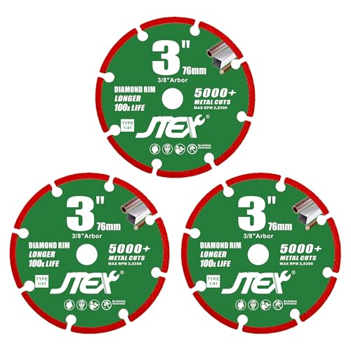 JTEX 3 Inch Diamond Cut Off Wheel with 5000+ Metal Cutting on Rebar, Stainless Steel, Angle Iron, 3/8