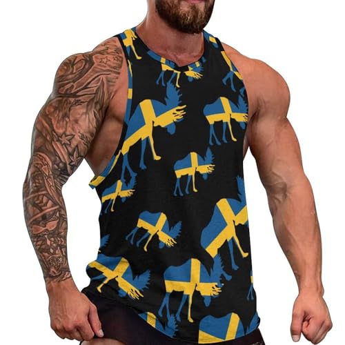 Moose in Swedish Flag Men's Activewear Sleeveless Tops Loose Muscle Tank Shirts Workout Tees Vest M