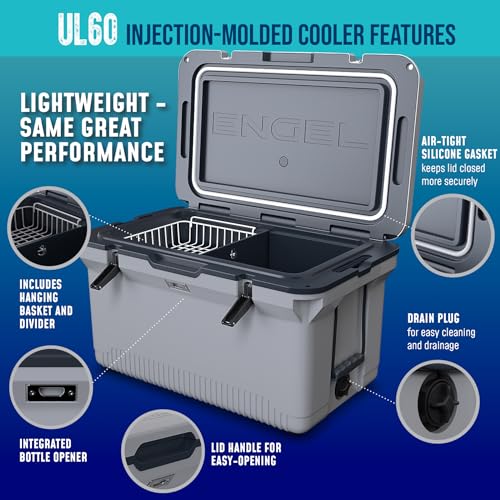 ENGEL 60 QT Ultra-Light Injection Molded Cooler - Ice Chest Keeps Ice up to 7 Days - Large Cooler Includes Wire Basket, Divider and Built-in Bottle Opener - Gray with Dark Grey Interior (Haze Grey) by ENGEL - Image 6