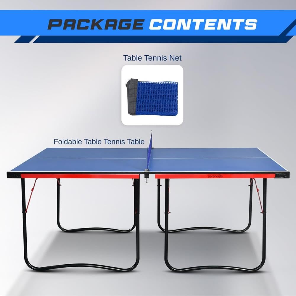 SereneLife Tischtennisplatte, Tischtennisplatte mit Netz, faltbares und tragbares Tischtennis-Set für drinnen und draußen, einfache Montage, mittelgroß, Blau