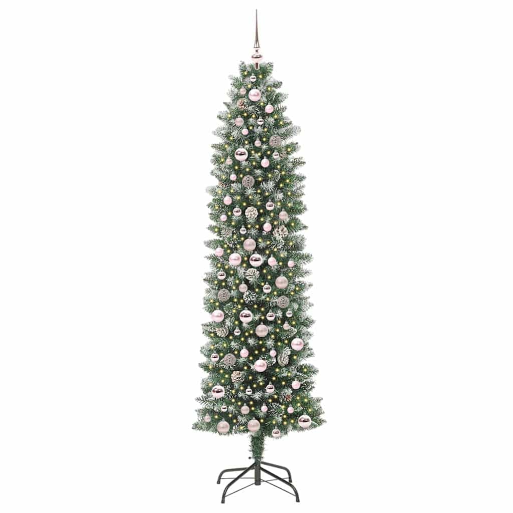 Árbol de Navidad artificial estrecho de 210 cm, verde y blanco, con 450 puntas de PVC, 300 ledes blancos cálidos y 8 modos, ideal para interiores, decoración festiva