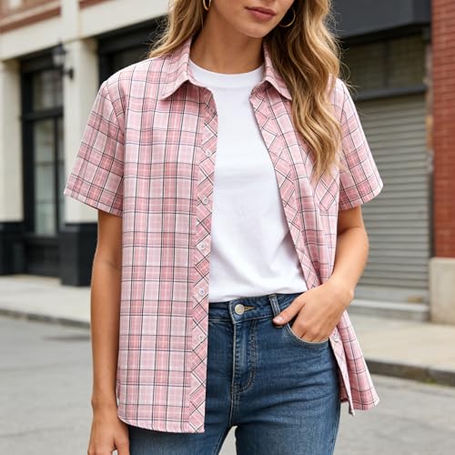 Image of SANGTREE Girls and Women Plaid Shirt Short Sleeve Button Down Summer Blouses Tops