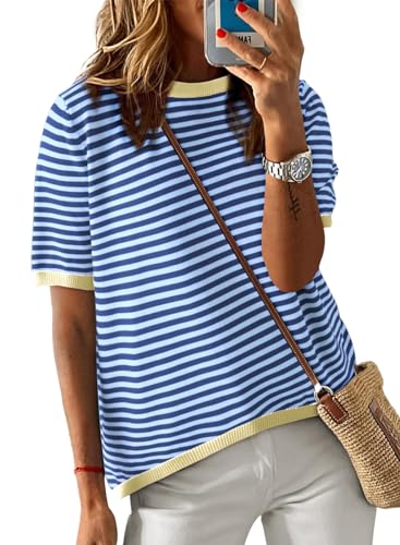 Image of Dokotoo Womens Tops 2026 Casual Summer Crewneck Short Sleeve Striped Color Block Knit High Low Trendy Pullover Sweaters