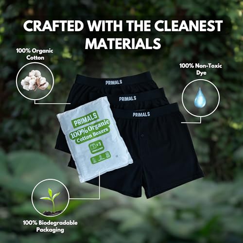 PRIMALS 100% Organic Cotton Boxers - Improves Testosterone & Fertility - Soft & Breathable - Midnight Black (3 Pack)2