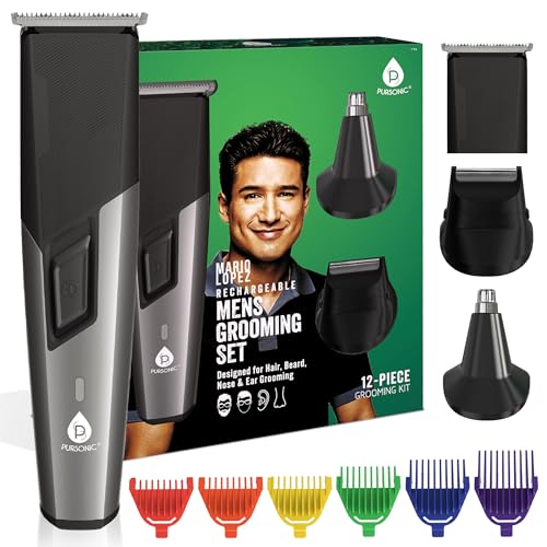 Pursonic Hair & Beard Trimmer for Men - 12 Piece Mario Lopez Cordless Rechargeable Beard Trimmer & Clippers for Men - All in One Grooming Kit for Beard, Face, Nose, and Ear Hair,Ideal Gifts for Men