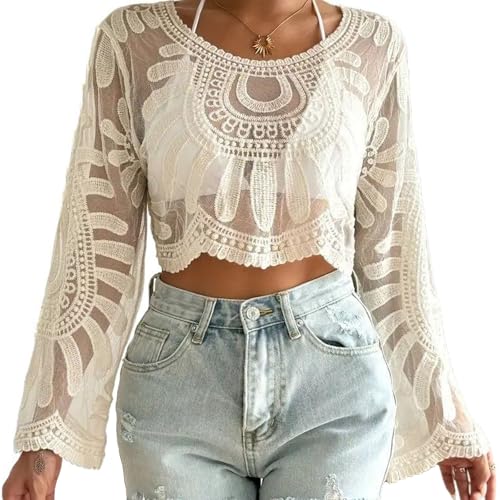 Women's Floral Embroidered Semi-Sheer Cover Up, Long Sleeve Round Neck Tops for Women Semi Sheer Crop Cover Up
