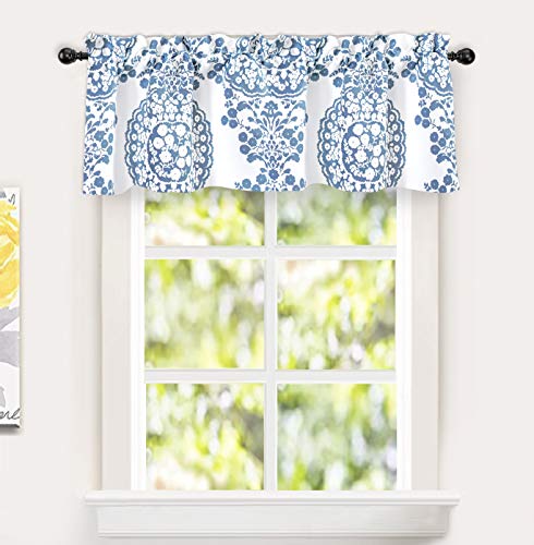 Driftaway Samantha Floral Damask Medallion Pattern Valance Rod Pocket Single 52 Inch By 14 Inch Plus 1.75 Inch Header Dusty Blue #TOP30
