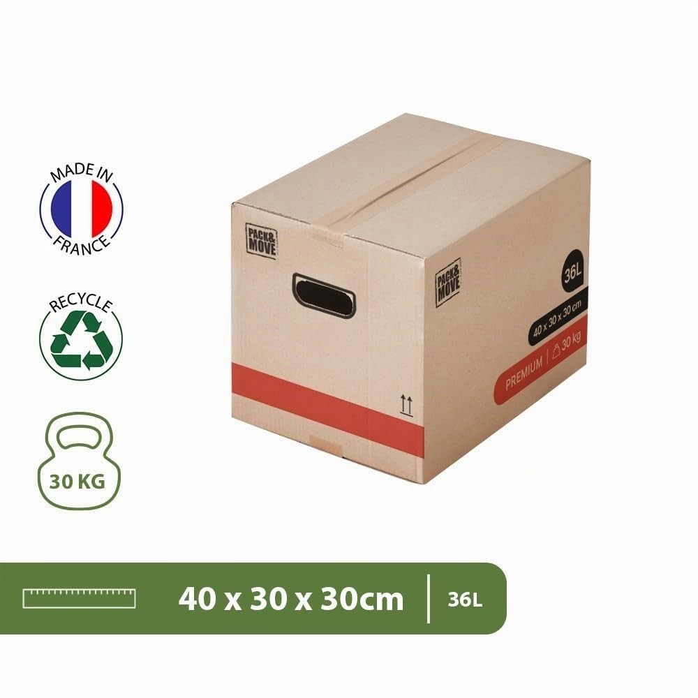 Pack and Move - Lot 30 Cartons Déménagement Livres Premium - 40 X 30 X 30 Cm - Extrême Résistance 20 KG - Poignées Renforcées - 2 Adhésifs Offerts