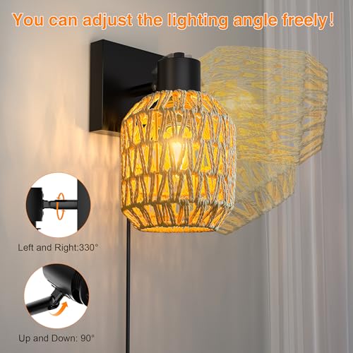 Image of CHICLUX Boho Rattan Plug in Wall Sconces, Farmhouse Wall Lamps Set of Two，Boho Rattan Sconces Wall Lighting Rustic with 330Adjustable Lampshade Suitable for Living Room, Hallway(Bulbs Not Included)