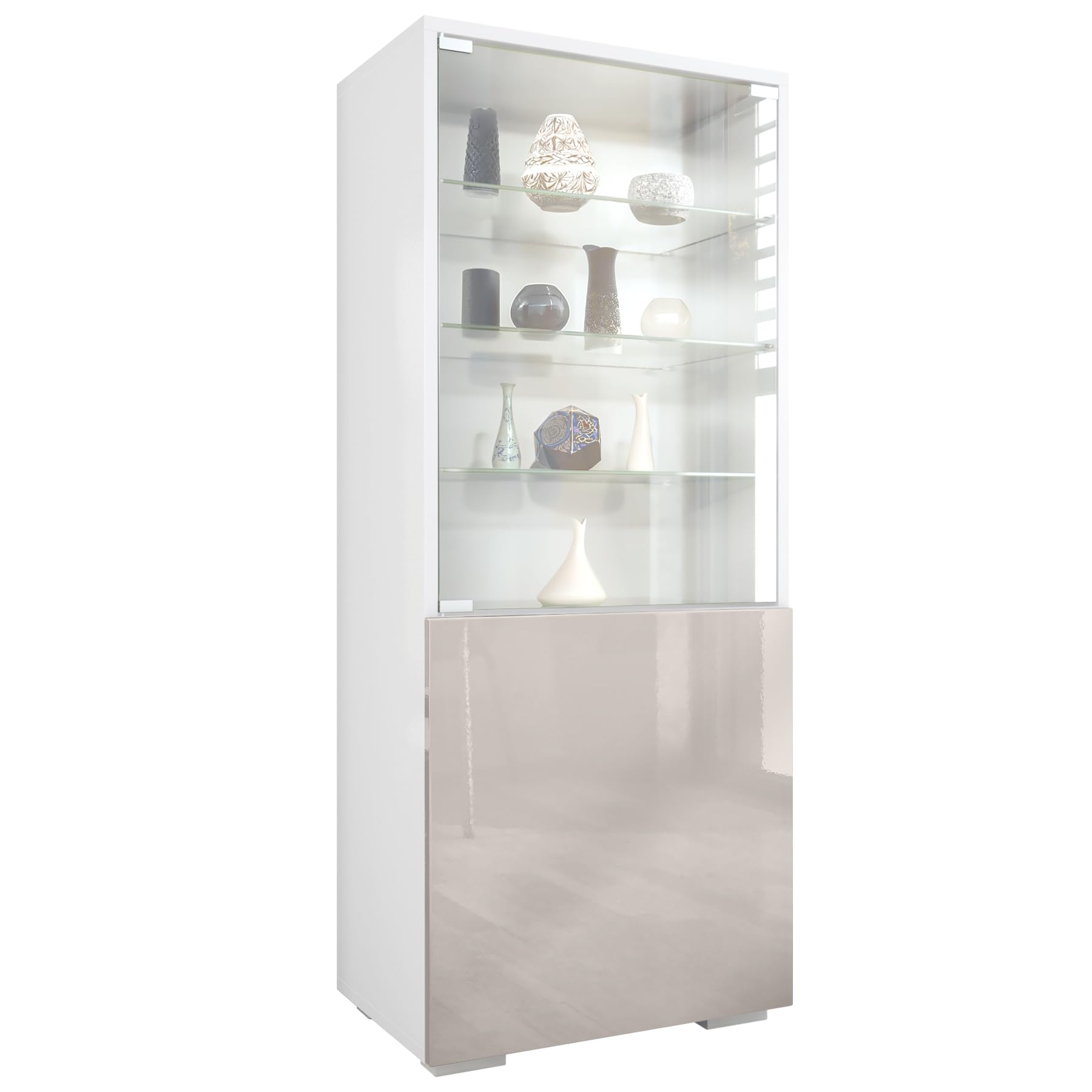 Vitrine Granada, Made in Germany, Vitrinenschrank mit Glastür und Glaseinsatz, Weiß matt/Sandgrau Hochglanz (50 x 122,5 x 34,5 cm)