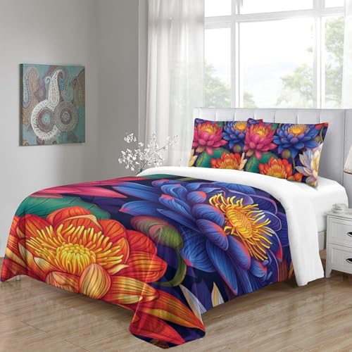 Housse de couette fleur de lotus fermeture éclair parure de lit microfibre résistante 140x200
