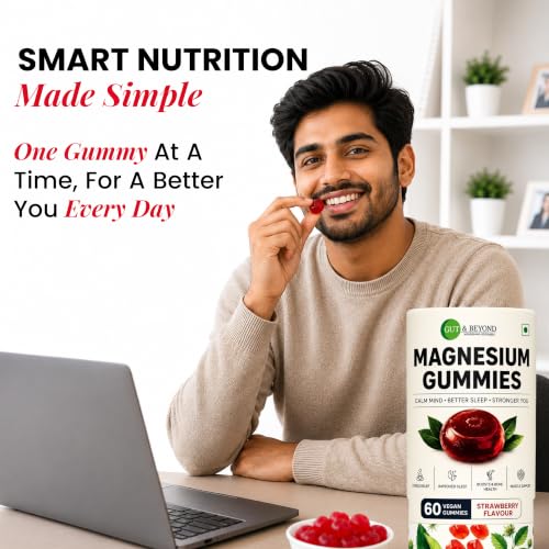 Image of Gut and Beyond Magnesium Gummies 60 Count | High Absorption Magnesium Supplement | Relieves Leg Cramps and Muscle Tension | Supports Sleep, Stress and Energy | Vegetarian | Strawberry Flavour