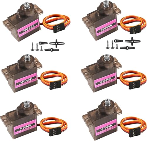 QCCAN 6 Pcs MG90S 9G Metal Geared Micro Servo Motor, Mini Servos for RC Robot Arm/Hand/Walking Project Car Helicopter Airplane Car Boat Control with Cable