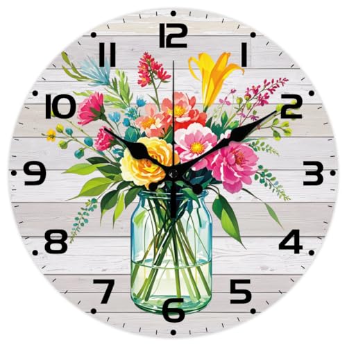 CHGCRAFT Wild Flowers Vase Pattern Wall Clock 12 Inch Non-Ticking Light Wood Board Clocks Round Wall Hanging Clock Battery Operated for Bedroom Living Room Kitchen Office