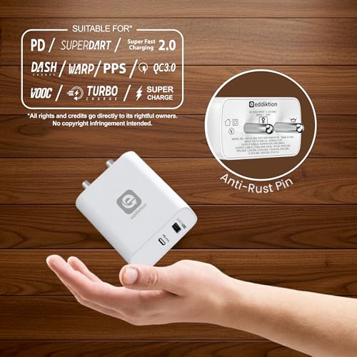 Image of Original 65W Fast Charger Adapter with USB C Cable | Dual Port USB A + Type C PD 3.0 Supports SuperVOOC Fast Charging | Compatible with iPhones, Poco, Samsung & More Androids | White