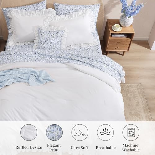 King Comforter Set - 7 Pieces Ruffle White Bedding Sets, Shabby Chic Farmhouse Bed in a Bag King with Ruffle Comforter, Floral Sheets, Pillowcases & Shams