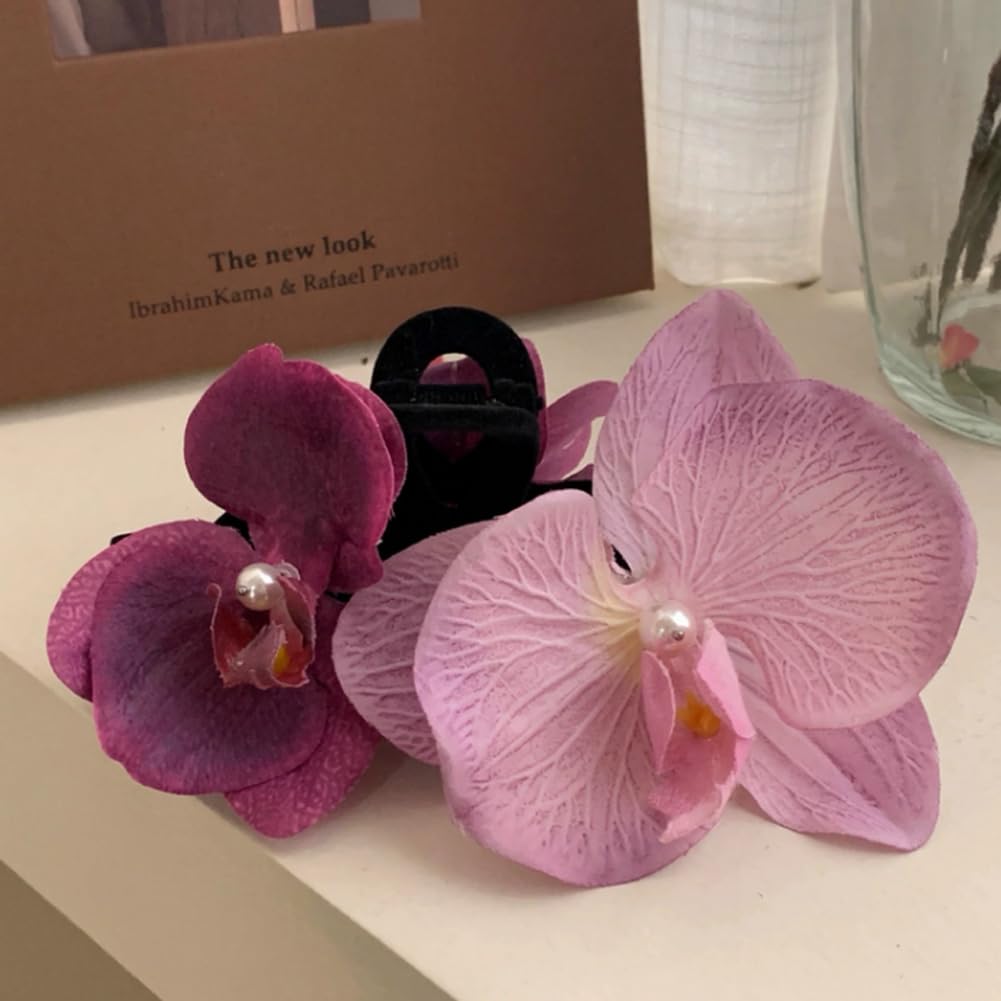 Orchid Flower Hair Claw Clips Non Slip Flower Hair Claw Ponytail Maker Holder Ponytail Hairpiece Clip Ponytail Strong Hold Jaw Clips for Women and Girls - Image 2