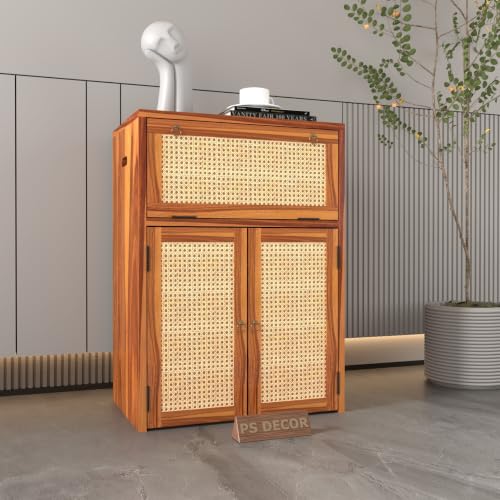 Image of PS DECOR Solid Sheesham Wood Battery Cabinet with Cane Doors | Wooden Inverter Battery Storage Cabinet | Handcrafted UPS Battery Stand with Rattan Panels