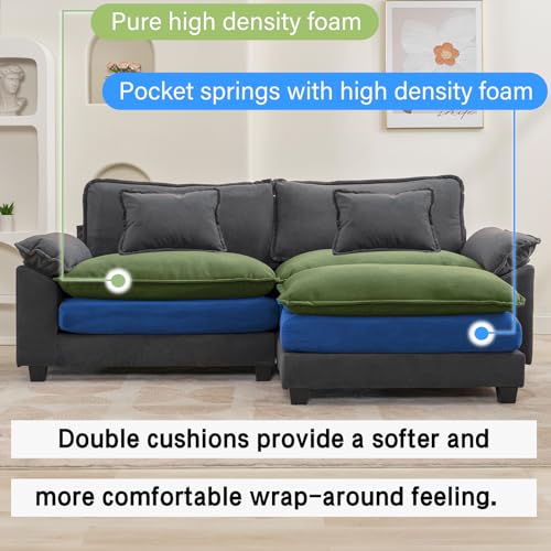 Image of Oprisen 86 inch Modular Sectional Sofa, Comfy Cloud Couch Sectional Sofa with Ottoman, Velvet Sofa Sleeper Deep Seat Sofa with Throw Pillows for Living Room (Blue Gray, 86 inch- L Shape)