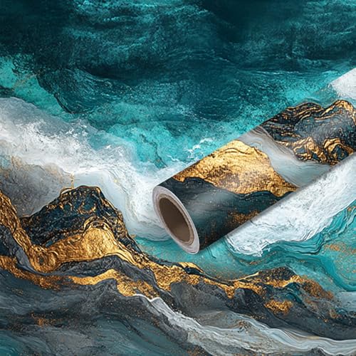 Image of Nuxovilar Teal Gold Marble Vein Wallpaper Peel Stick Vinyl 15.75x39.37