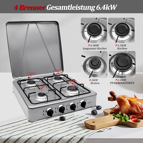 HOMELUX 6,2 KW Gaskocher, 4 Flammig Campingkocher mit Deckel | mit 150cm Gasschlauch und Druckminderer 50 mbar, Kochfeld Kocher Herd Gas Outdoor (Grau) – Bild 4