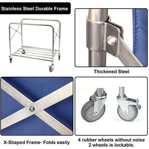 Laundry Cart With Wheels 34.25”L X 20.47”W X 30.7”H, Commercial Laundry Cart 440Lbs Load Capacity, Stainless Steel Frame Waterproof Oxford Bag Foldable Industrial Laundry Hamper For Industrial/Home #TOP2