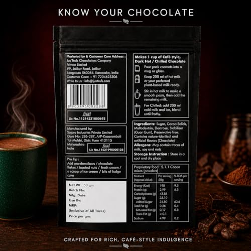 Image of Jus'Trufs Hot Chocolate Mix | 30% Cocoa Premium Dark Drinking Chocolate | Less Sugar, Vegan, Lactose Free, Gluten Free | Serve Hot or Cold | Pack of 3 (50g Each)