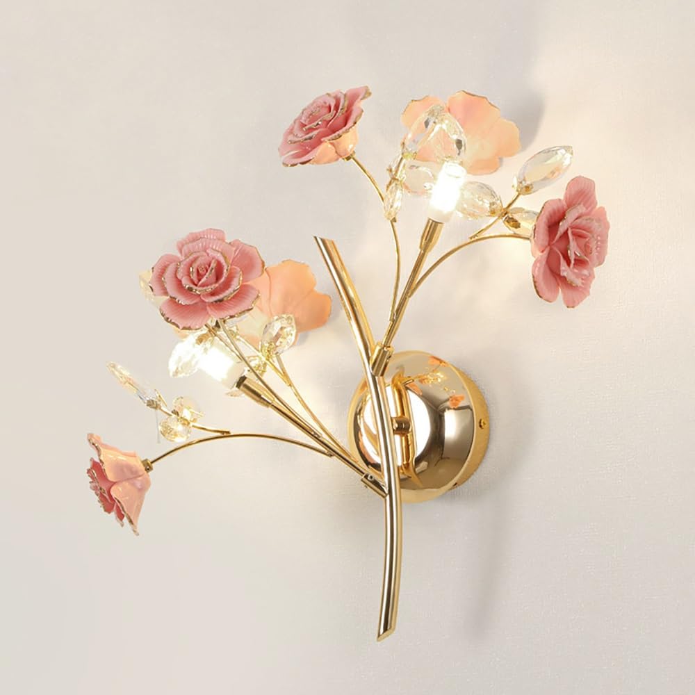 COSRUB Floral Ceramic Wall Lights, Gold Branch Wall Sconce for Bedside