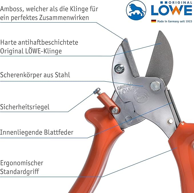 Original LÖWE 15 Amboss Gartenschere 15.107 mit Bypass Geometrie für kleinere bis mittlere Hände & 5 Profi Gartenschere Amboss 5.107 mit rostfreier und antihaftbeschichteter Stahlklinge