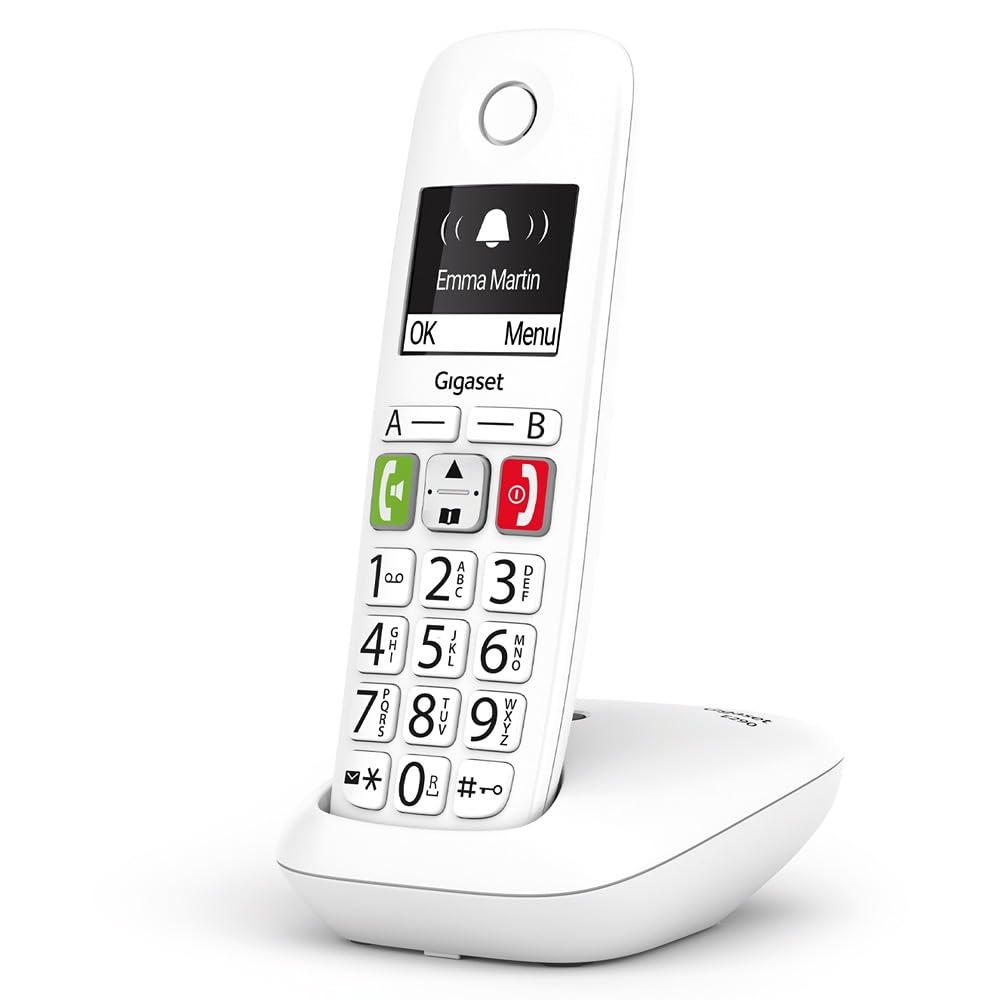 Gigaset E290 - Teléfono DECT Inalámbrico - Botones Grandes - Pantalla Iluminada en Blanco y Negro - Control de Volumen, Blanco [Versión Española]