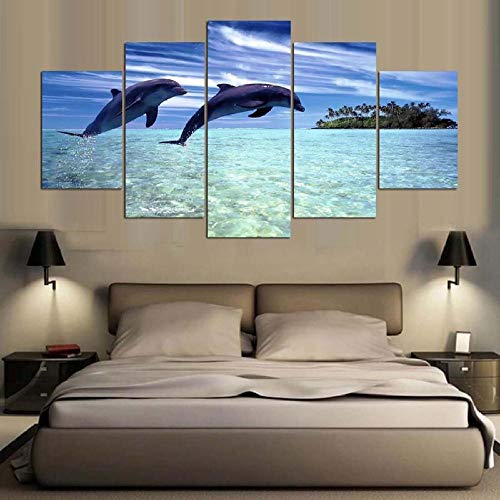 Myrdsio Lienzo decorativo para pared, 5 piezas, pintura al óleo, diseño de delfín animal, póster modular de 5 partes, decoración moderna para sala de estar, cocina, listo para colgar, pintura