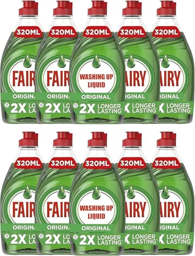 Fairy Original Washing Up Liquid 10 Pack 320ml Bottles Powerful Grease Cutting Concentrated Dishwashing Liquid Long Lasting Suds Fresh Scent Gentle on Hands Kitchen Cleaning Essential
