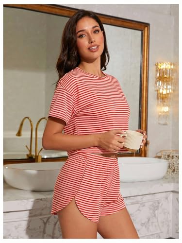 Image of OYOANGLE Womens Pajama Sets 2 Piece Sexy Lounge Sets Summer Cute Pjs Striped Print Tee and Side Split Shorts Set