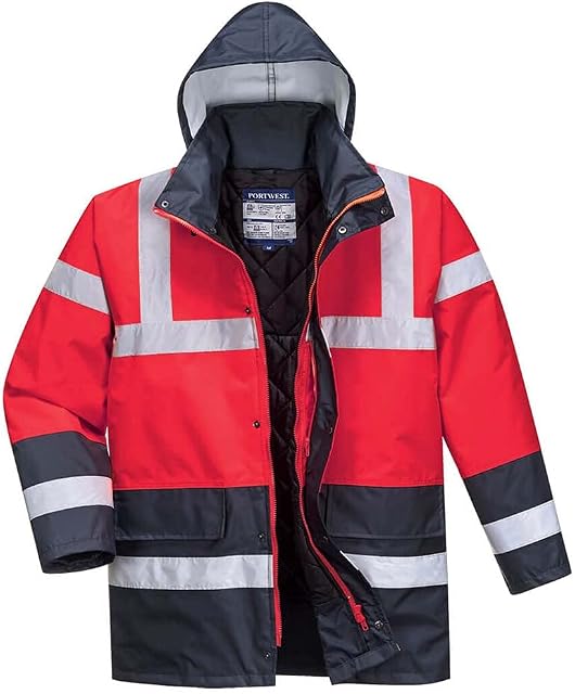 Portwest S466 Waterproof Hi-Vis Contrast Winter Traffic Jacket Red/Navy, Medium