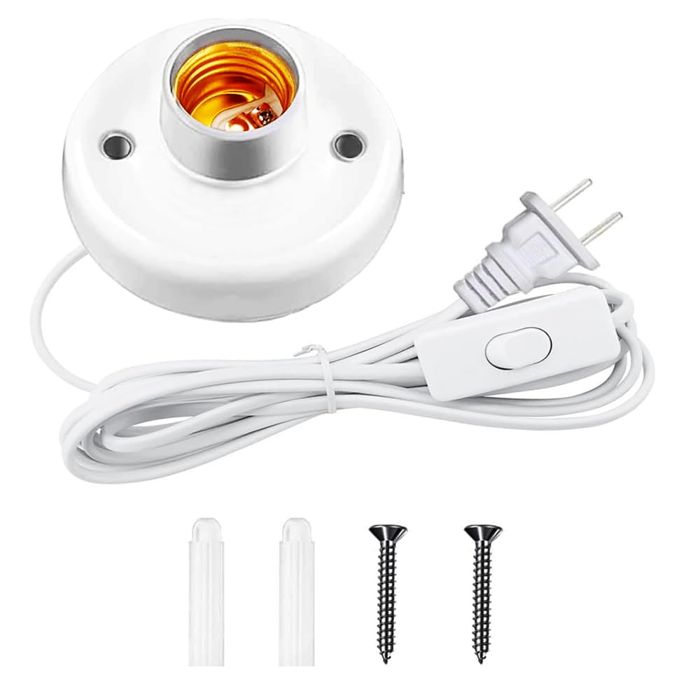 25ft Light Bulb Base with Cord E26/E27 Light Socket with On/Off Switch, 110V-250V Lamp Base for Light Socket with Cord, Light Bulb Socket with Plug-in Lamp Holder Base for ﻿Desktop,Include Screw