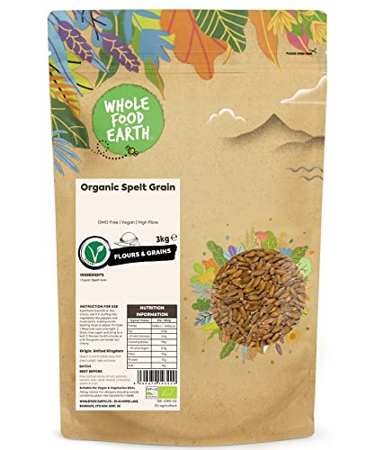 Wholefood Earth - Espelta ecológica en grano, 3 kg, libre de transgénicos, vegana, alta en fibra, con certificación ecológica