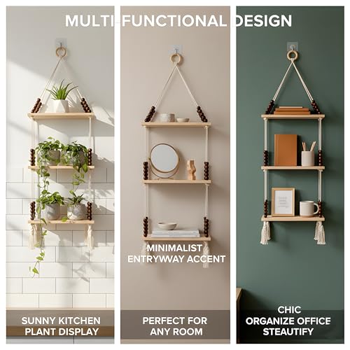 Image of 3-Tier Hanging Shelf with Wall Hook, Use Decor Plants, Books, Decorative Gift Items Nursery Livingroom Wooden Beads & Ring, Tassels Woven Bohemian