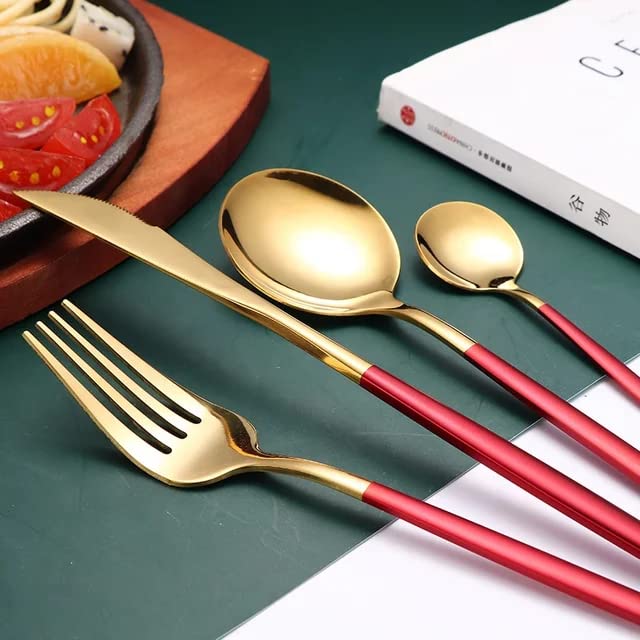Image of aDai Premium Gold SUS304 Stainless Steel Cutlery Set - 10 Spoons, 5 Fork, 5 Steak Knife - Mirror Finish Dinnerware Flatware (Cherry Red - Set of 20)