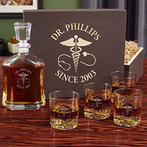 Engraved Whiskey Decanter Set - Caduceus Whiskey Set for Doctors