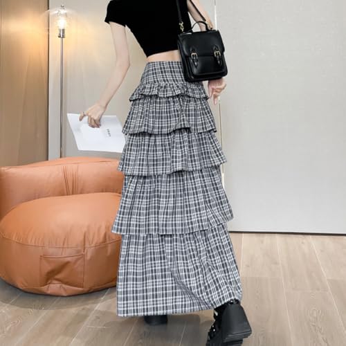 Women Casual Ruffle Tiered Maxi Skirts Elastic Waist Plaid Layered Long Skirt2