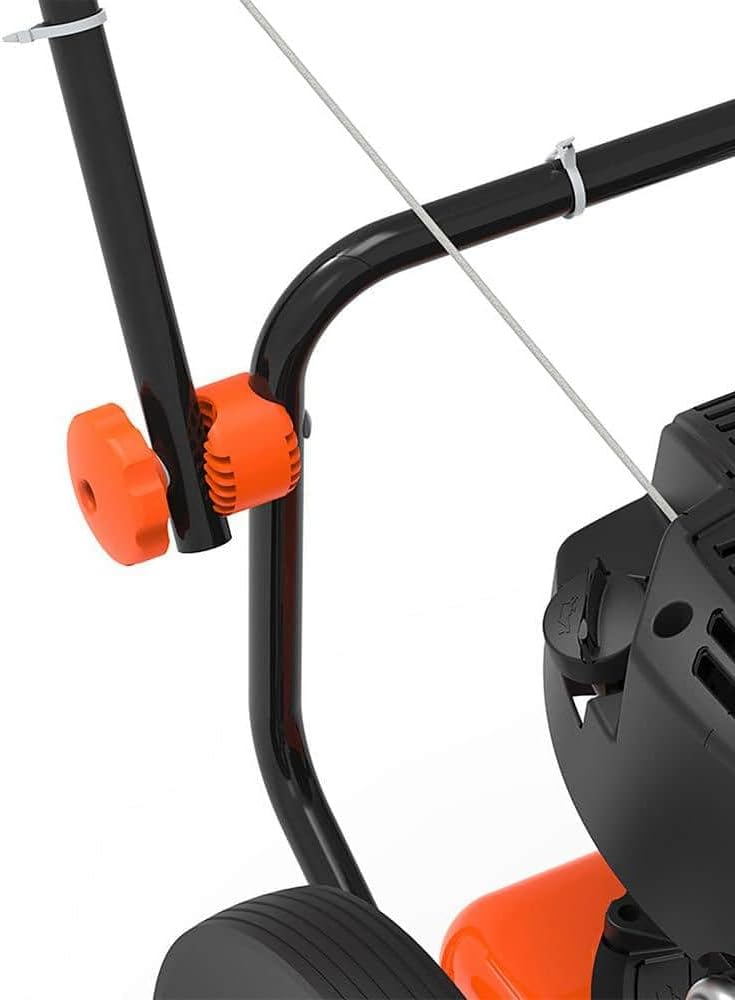 Close-up of the foldable handle mechanism on the Yard Force trimmer mower