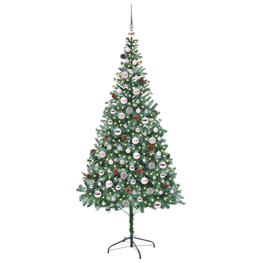 Sztuczna choinka zielona, 210 cm, PCW i stal, z 300 diodami LED o ciepłej białej barwie, 8 trybów, do użytku wewnątrz i na zewnątrz, łącznie z kulkami i koronką, świąteczna dekoracja