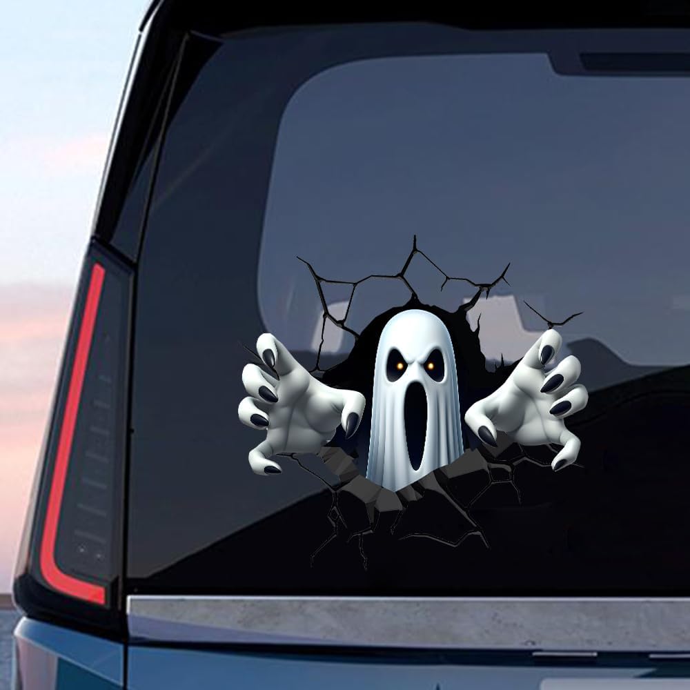 Leniutor Halloween Ghost Cracked Stickers, Double-Sided Horror Skull Ghost 3D Horror Movies Characters Peeking Car Decal for Bumper Window Halloween Vehicle Decorations (Ghost-1)