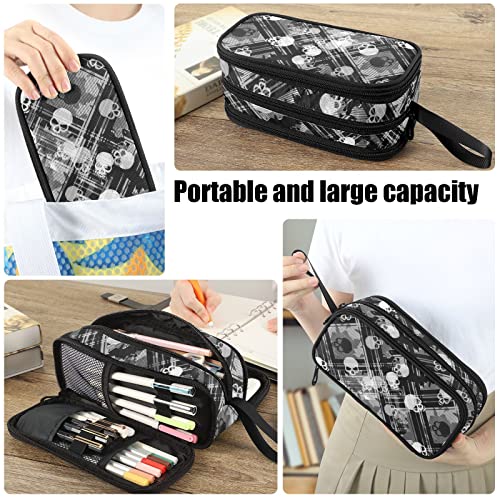 Image of Fustylead Skulls Gothic Striped Large Pencil Case, Minimalist Portable Stationery Bag Cosmetics Bag with Handle for Middle High College School Office Travel