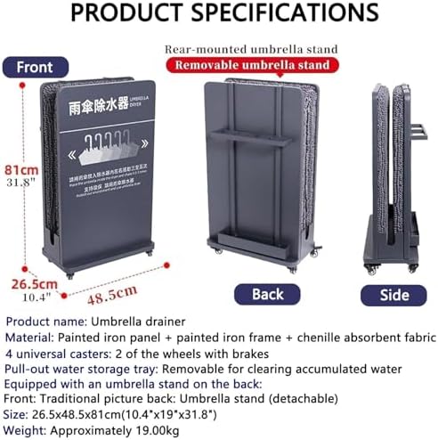 Eco-Friendly Umbrella Dryer Machine - Rainwater Remover Stand with Casters, Drip Catcher, Removable Water Tray & External Holder for Quick Drying