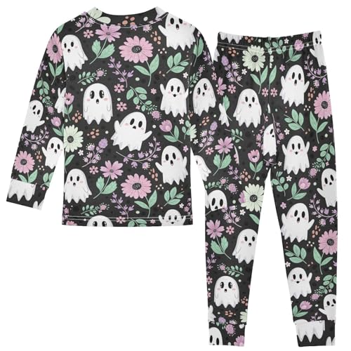 Pajama Sets Long Sleeve Ghost Floral Black Background Soft Comfy Sleepwear 2 Piece PJS 3-8T3