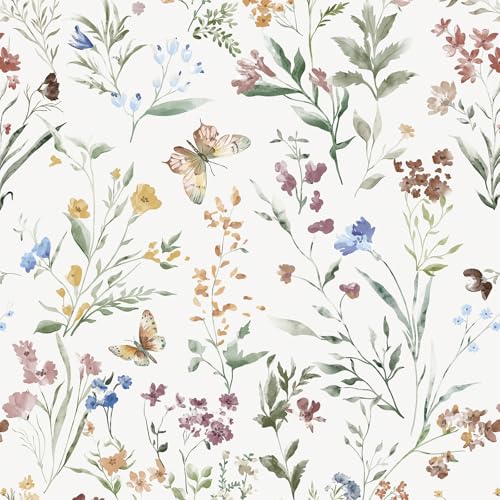 Image of Yomshi Self Adhesive Wallpaper Colorful Butterfly and Floral Vinyl Wrap 44 x 300 cm Boho Watercolor Contact Paper Peel and Stick Wallpaper for Cabinet Walls Nursery Reduces Bubble Waterproof Removable